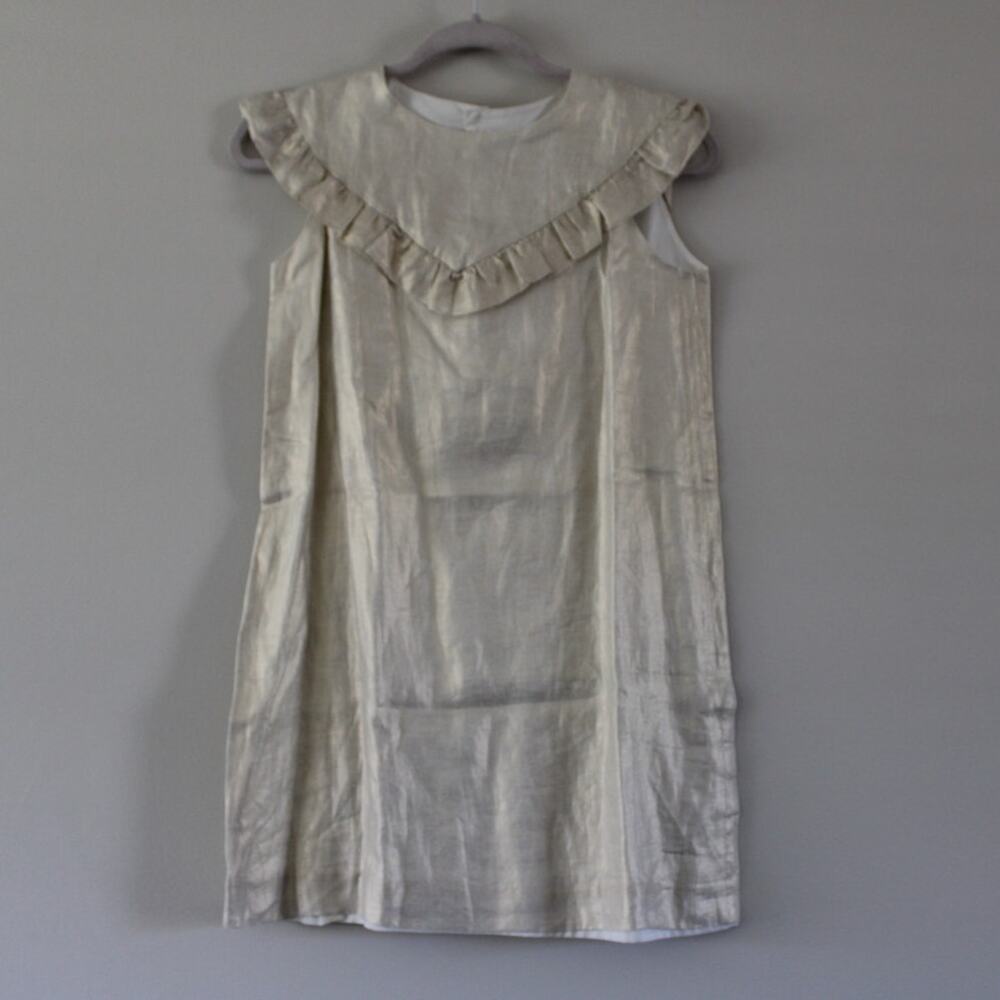NWT Bonpoint Linen‎ Gold Sleeveless Ruffle Dress Lined Girls Size 12